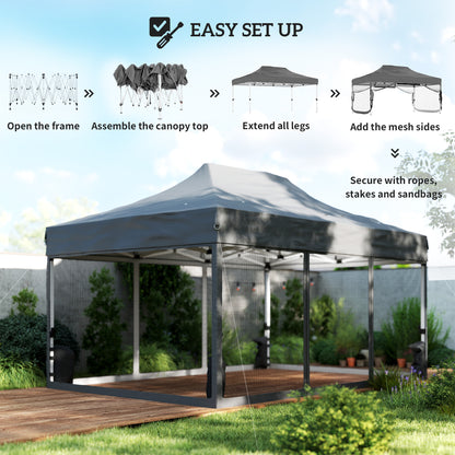 3x4.5m Pop Up Gazebo | UPF50+ 420D Oxford Roof | 4 Removable Mesh Sides | 3 Height Settings | Full Stability Kit | Wheeled Carry Bag | Dark Grey