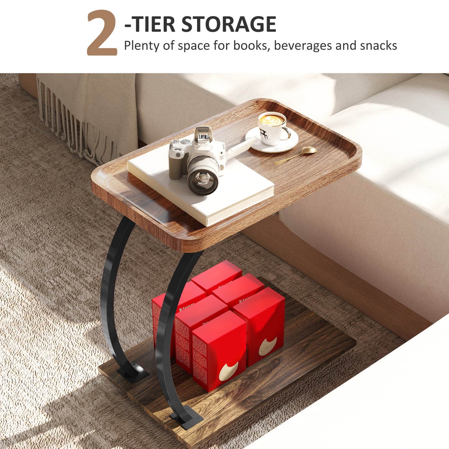 Retro Vintage Style 2-Tier Mobile C-Shaped Side Table - Brown