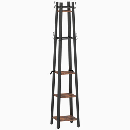 Industrial Coat Stand with 8 Hooks and 4 Shelves - Grey / Rustic Brown