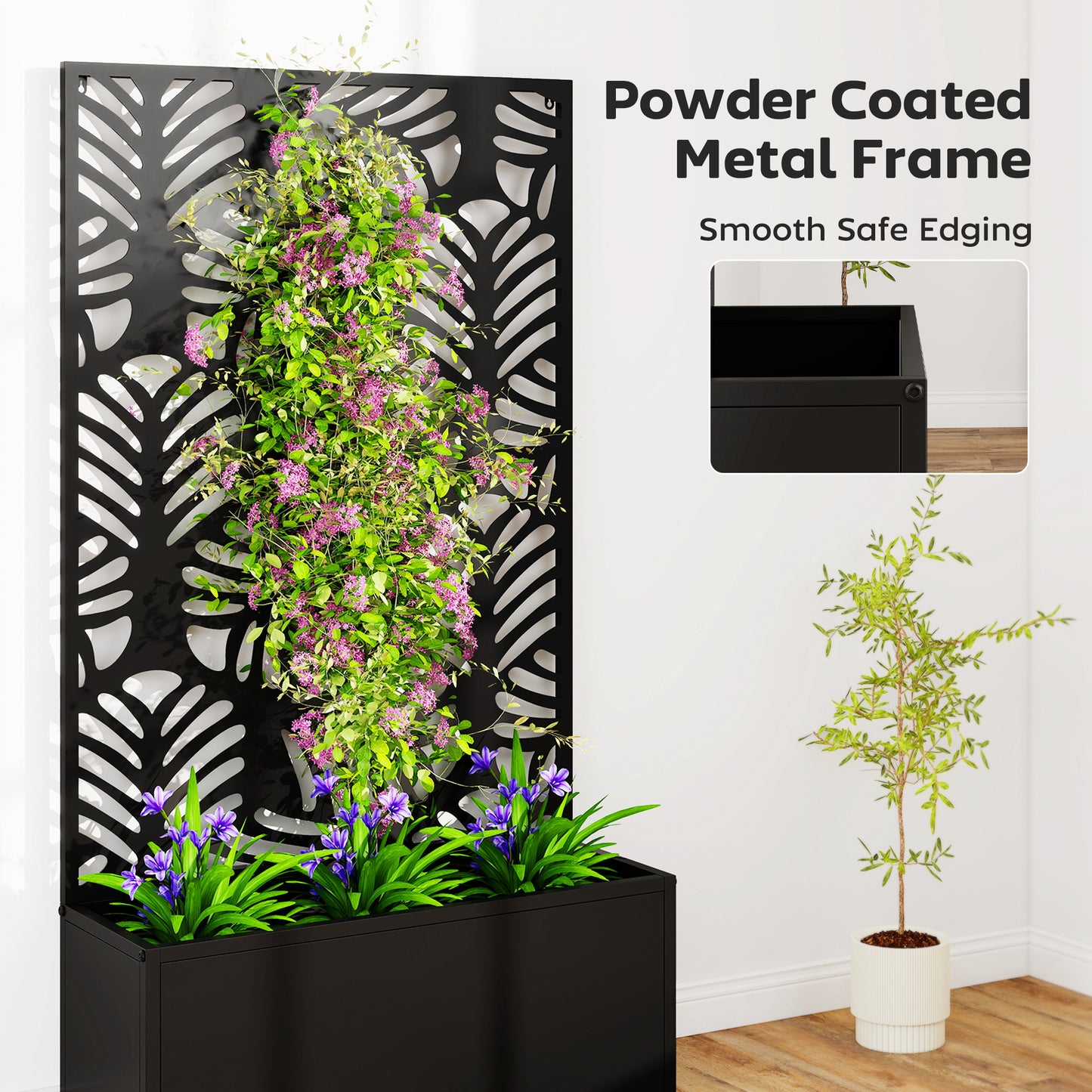 Metal Raised Planter with Monstera Leaf Trellis & Privacy Screen | Wall Mounted or Freestanding | 29L Soil | 50kg | Powder-Coated | 61x23x113cm | Climbing Plants | Black