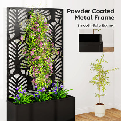 Metal Raised Planter with Monstera Leaf Trellis & Privacy Screen | Wall Mounted or Freestanding | 29L Soil | 50kg | Powder-Coated | 61x23x113cm | Climbing Plants | Black