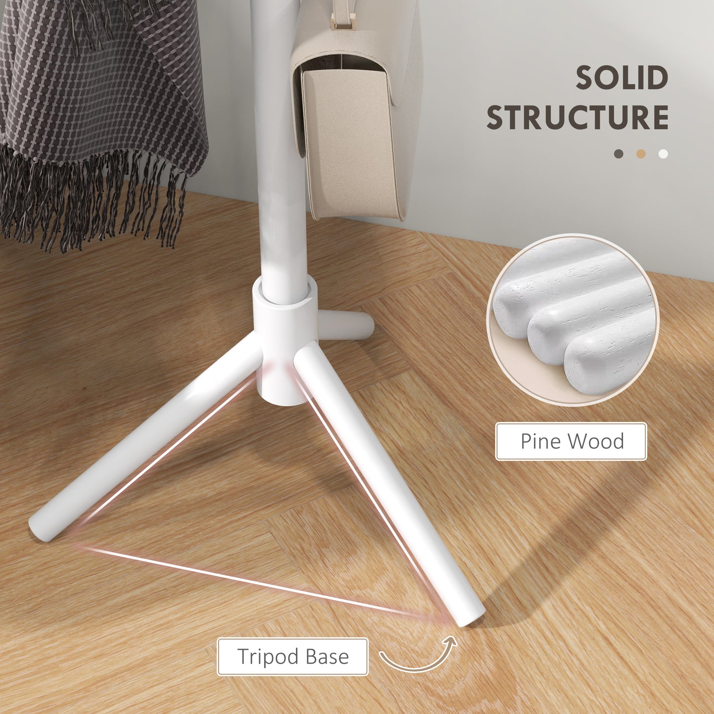 Eight-Hook Wooden Coat Hat Holder Organiser Rack - White