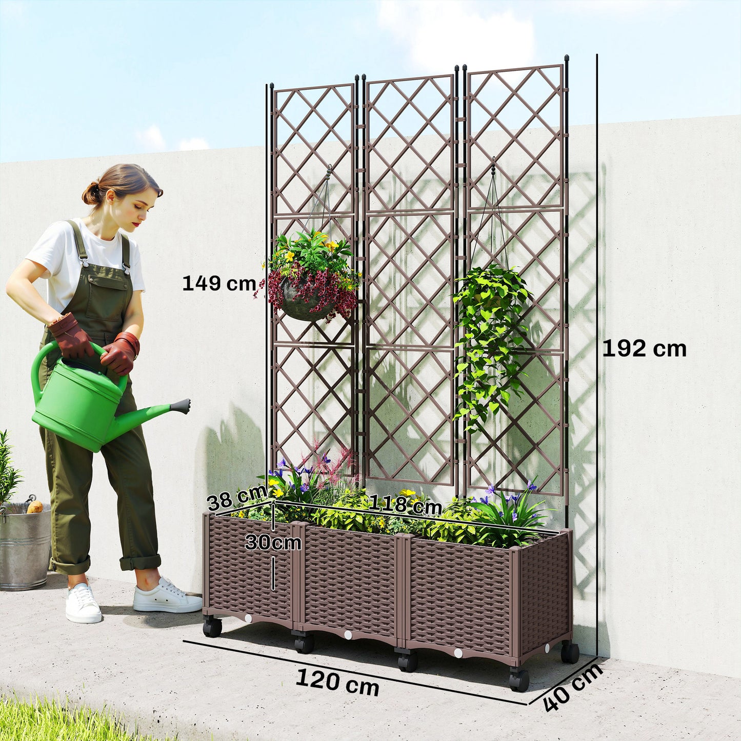 Self-Watering Raised Planter with Trellis | 8 Wheels 4 Lockable | Built-In Reservoir | Drainage Holes & Plugs | PP Fade Resistant | 20kg Capacity | 120x40x192cm | Brown