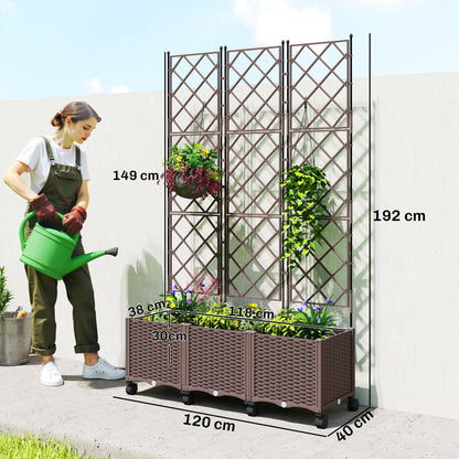Self-Watering Raised Planter with Trellis | 8 Wheels 4 Lockable | Built-In Reservoir | Drainage Holes & Plugs | PP Fade Resistant | 20kg Capacity | 120x40x192cm | Brown