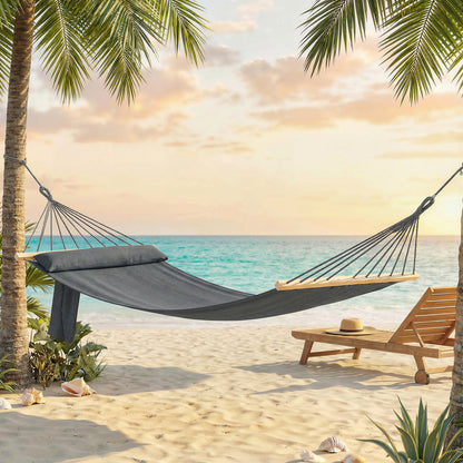 Cotton Hammock | 270x80cm | Headrest | Side Pocket | Hardwood Spreader Bar | Hanging Straps | Portable & Foldable | 120kg | Dark Grey