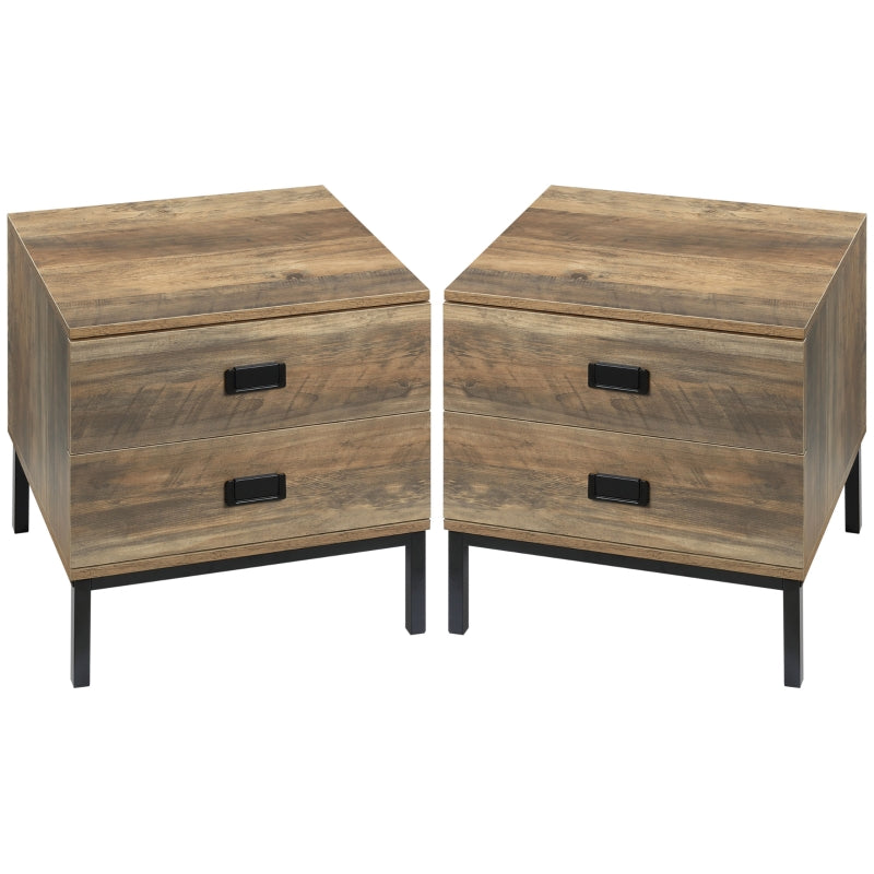 HOMCOM Retro Bedside Table, End Side Table with 2 Drawers, Metal Frame for Bedroom, Living Room, Set of 2, Coffee