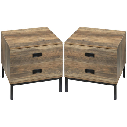 HOMCOM Retro Bedside Table, End Side Table with 2 Drawers, Metal Frame for Bedroom, Living Room, Set of 2, Coffee