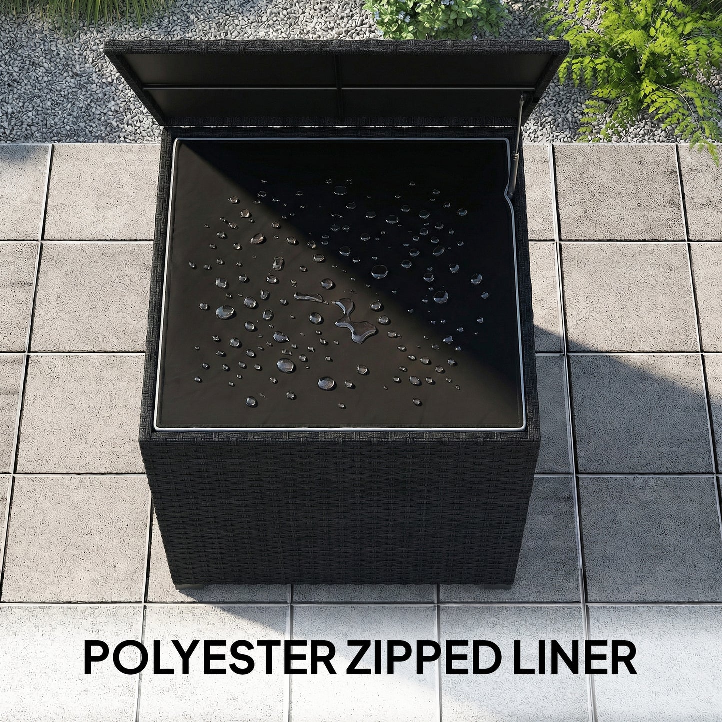 253L Rattan Garden Storage Box | Gas-Assisted Lid | Zipped Liner | Adjustable Feet | 50kg | Black