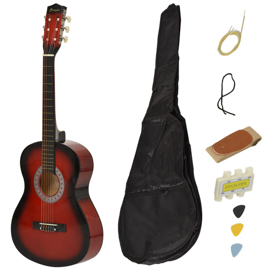 36" 3/4 Beginner Acoustic Guitar Set, with Protective Case, Red