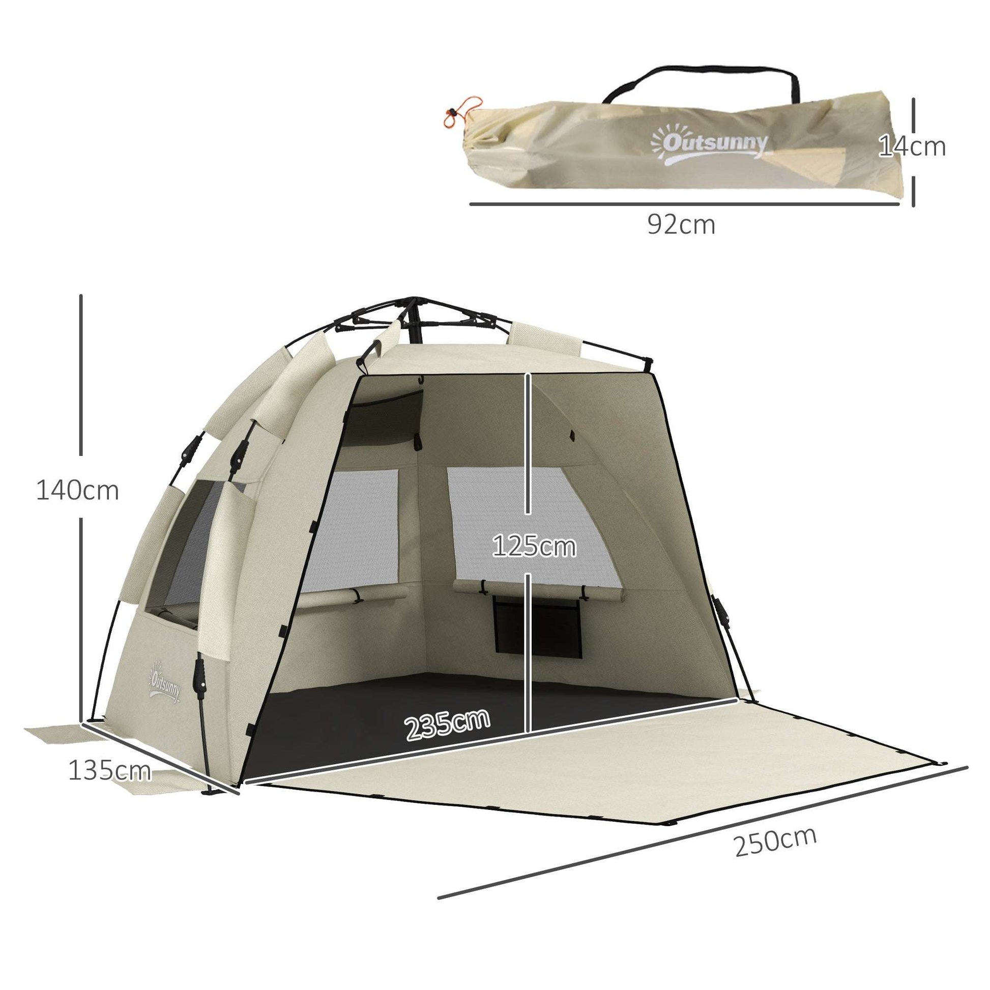 Outsunny 2-3 Person Pop Up Beach Tent, UPF15+ Sun Shelter with Extended Floor, Sandbags, Mesh Windows and Carry Bag, Khaki