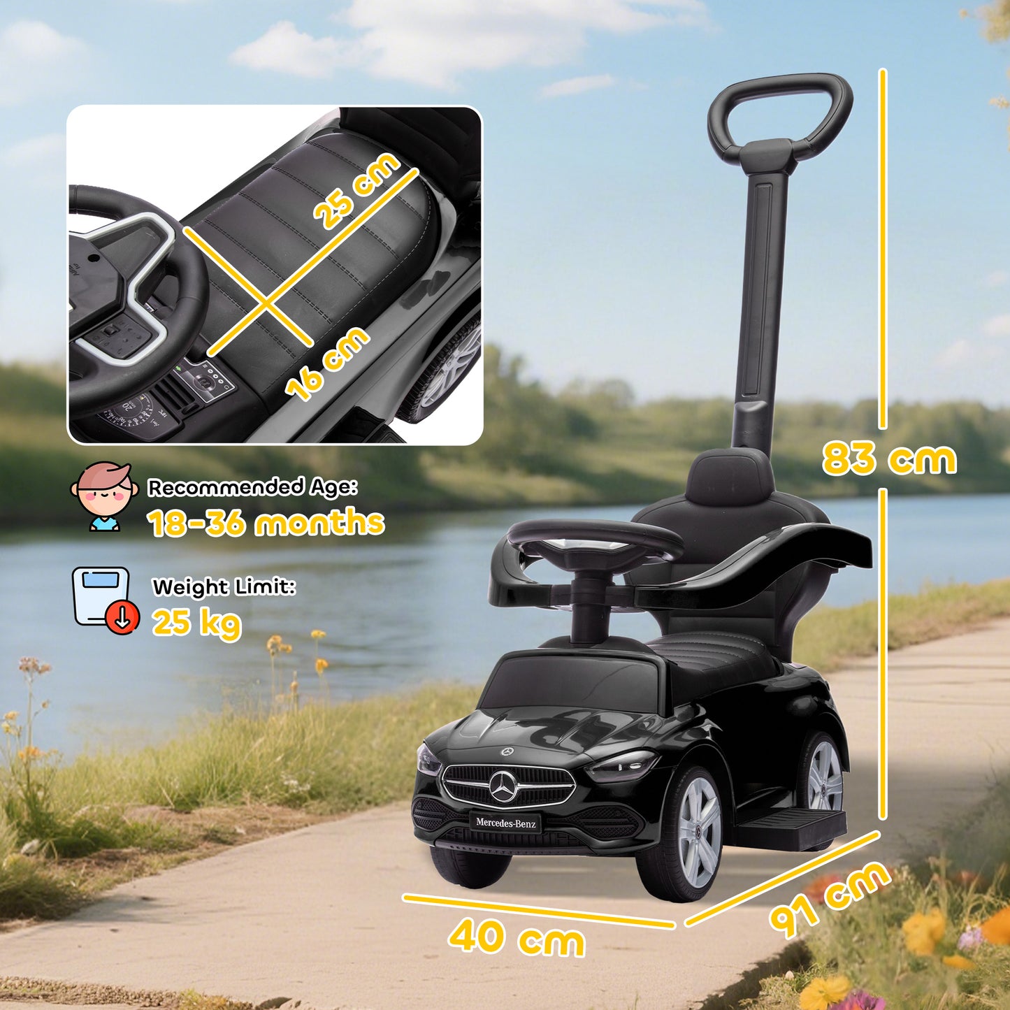 Baby 2-in-1 Ride-On Push Car | Licensed Mercedes-Benz C-Class | Walker Foot to Floor | Removable Handle | Under-Seat Storage | Ages 12-36 Months | Black