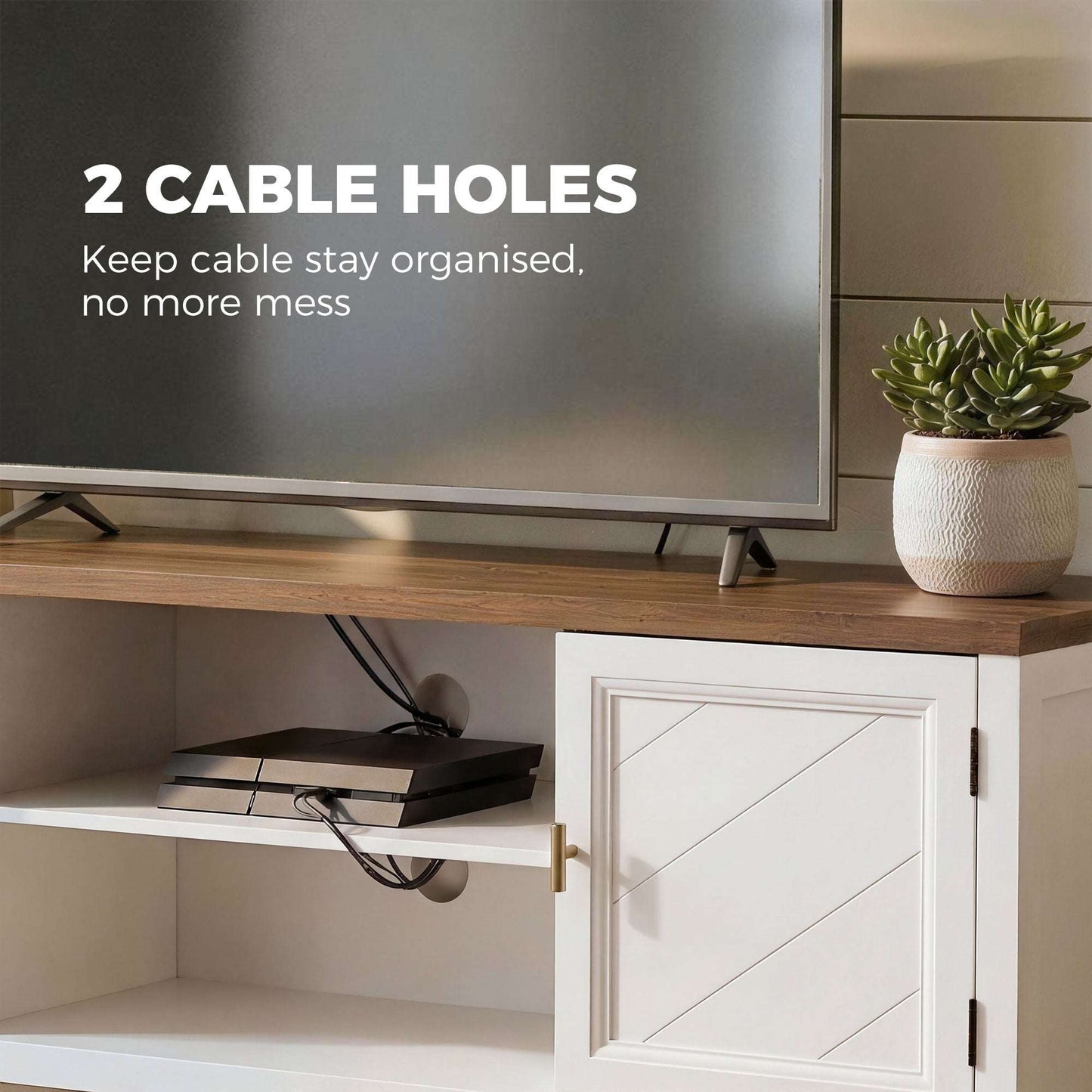 Farmhouse TV Stand | 140cm | Up to 42" TV | 2 Cabinets | 2 Open Shelves | Gold T-Bar Handles | Cable Holes | 50kg | White