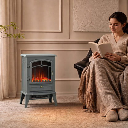 Grey Electric Fireplace Stove | 1000W/2000W Freestanding Heater | Dimmable LED Log Flame | 10–35°C Thermostat | Gold-Tone Handle