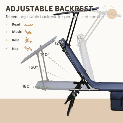 2 Piece Folding Sun Loungers with Canopy, Adjustable Recliner Garden Chairs with Side Pocket, Steel Frame and Breathable Mesh, Dark Blue