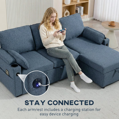 Corner Sofa Bed, L Shaped Sleeper Sectional Sofa with Reversible Storage Chaise, Blue / Grey