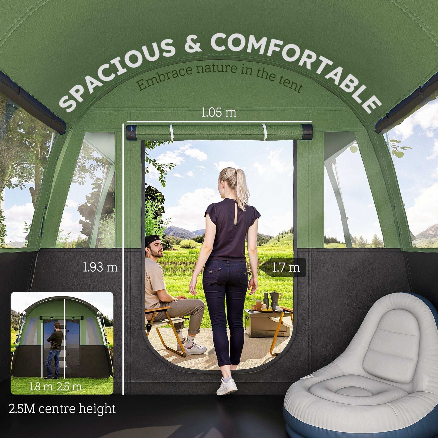 8-Person Camping Tent, Waterproof Family Tent, Tunnel Design, 4 Large Windows, Sleeping Cabins 3000mm Water Column Green - Blue