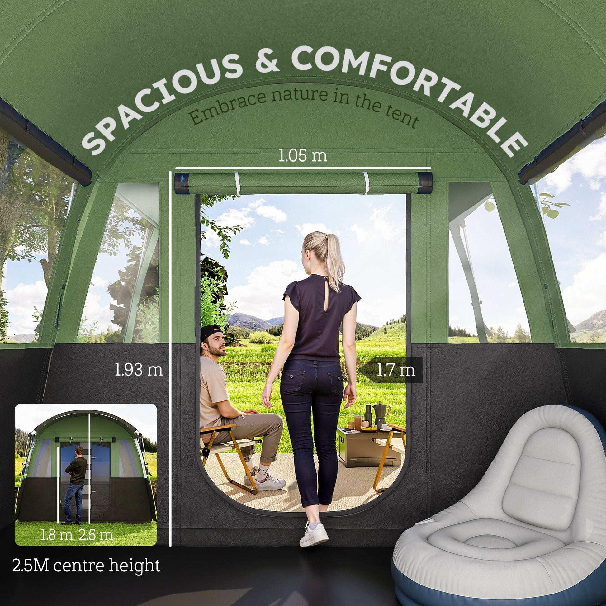 8-Person Camping Tent, Waterproof Family Tent, Tunnel Design, 4 Large Windows, Sleeping Cabins 3000mm Water Column Green - Blue
