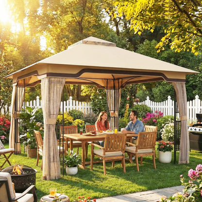 3.3x3.3m Permanent Garden Gazebo | Double-Tier UPF50+ Roof | Mesh Panels | Integrated Corner Shelves | Ceiling Hook | Triangular Powder-Coated Posts | Expansion Screws | Ground Stakes | Khaki