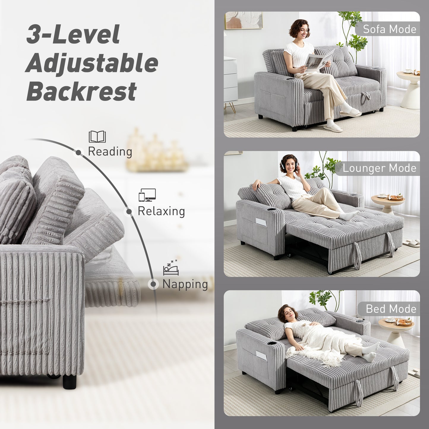 2 Seater Click Clack Sofa Bed with Pull Out Design, Corduroy Upholstery - Light Grey