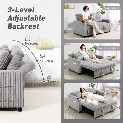 2 Seater Click Clack Sofa Bed with Pull Out Design, Corduroy Upholstery - Light Grey