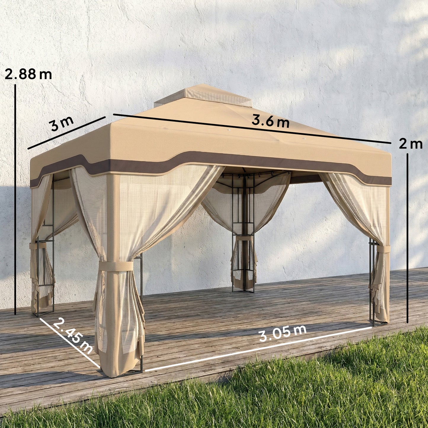 3x3.6m Garden Gazebo | Double-Tier UPF50+ Roof | 4 Mesh Panels | Triangular Powder-Coated Metal Frame | Corner Shelves | Roof Drainage Holes | Expansion Screws & Ground Stakes | Ceiling Hook | Khaki