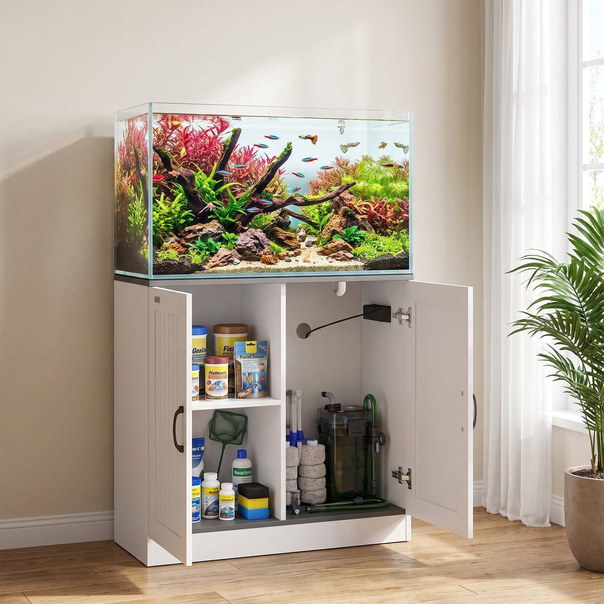 20-29 Gallon Aquarium Stand | White & Black Fish Tank Cabinet | Storage | UK Power Hub | USB & Type-C Charging