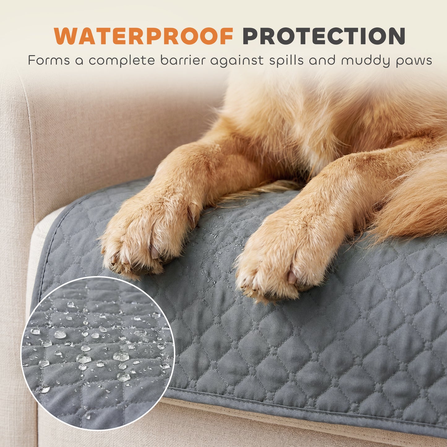 Waterproof 2-Seater Sofa Cover for Dogs, Cats & Pets | Non-Slip Backing & Elastic Straps | 2 Armrest Pockets | Machine Washable | Brushed Multi-Layer Fabric | 255x177cm | Grey