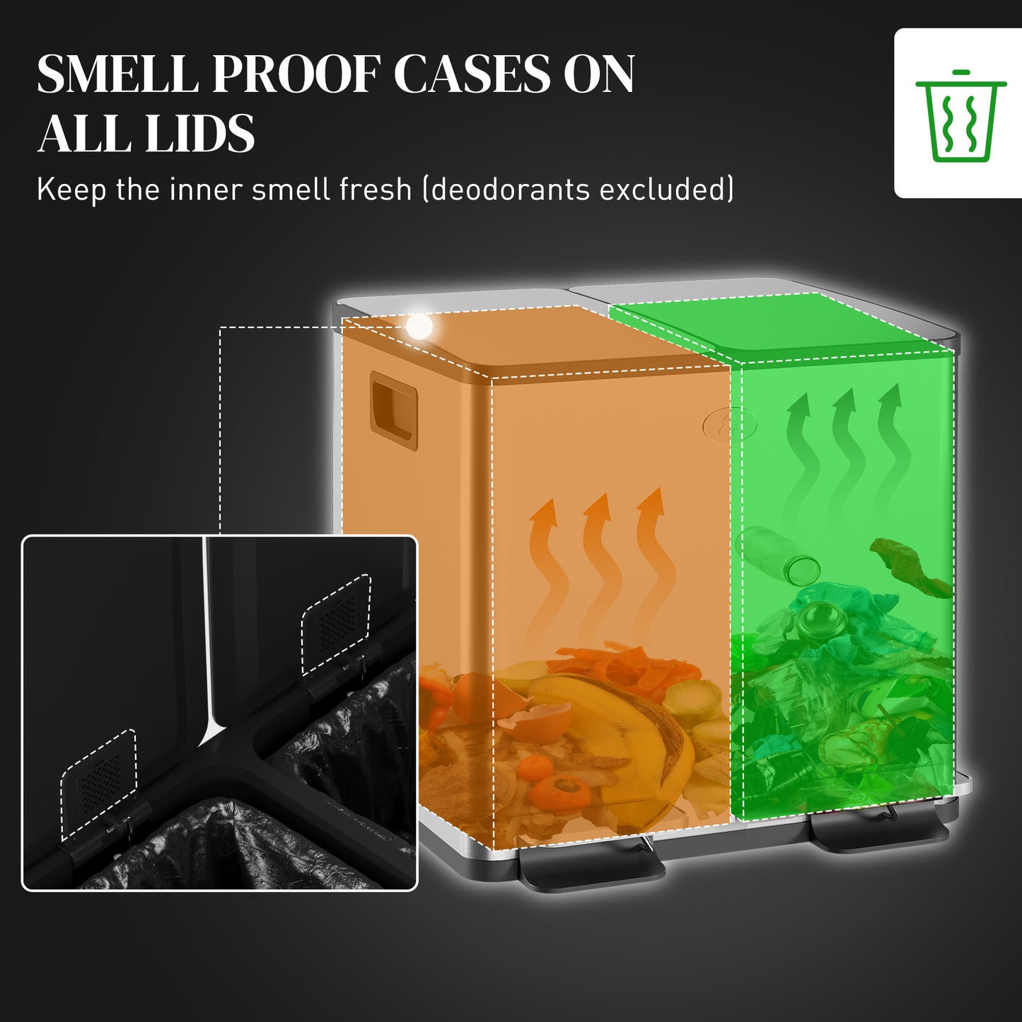 30L Dual Compartment Stainless Steel Bin, with Deodoriser Holders - Silver Tone