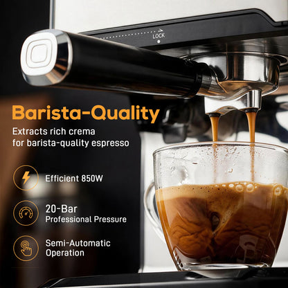 20-Bar Espresso Machine | Cappuccino Coffee Maker | Milk Frother | 1.6L Tank | LED Touch | Single & Double Shot | Black
