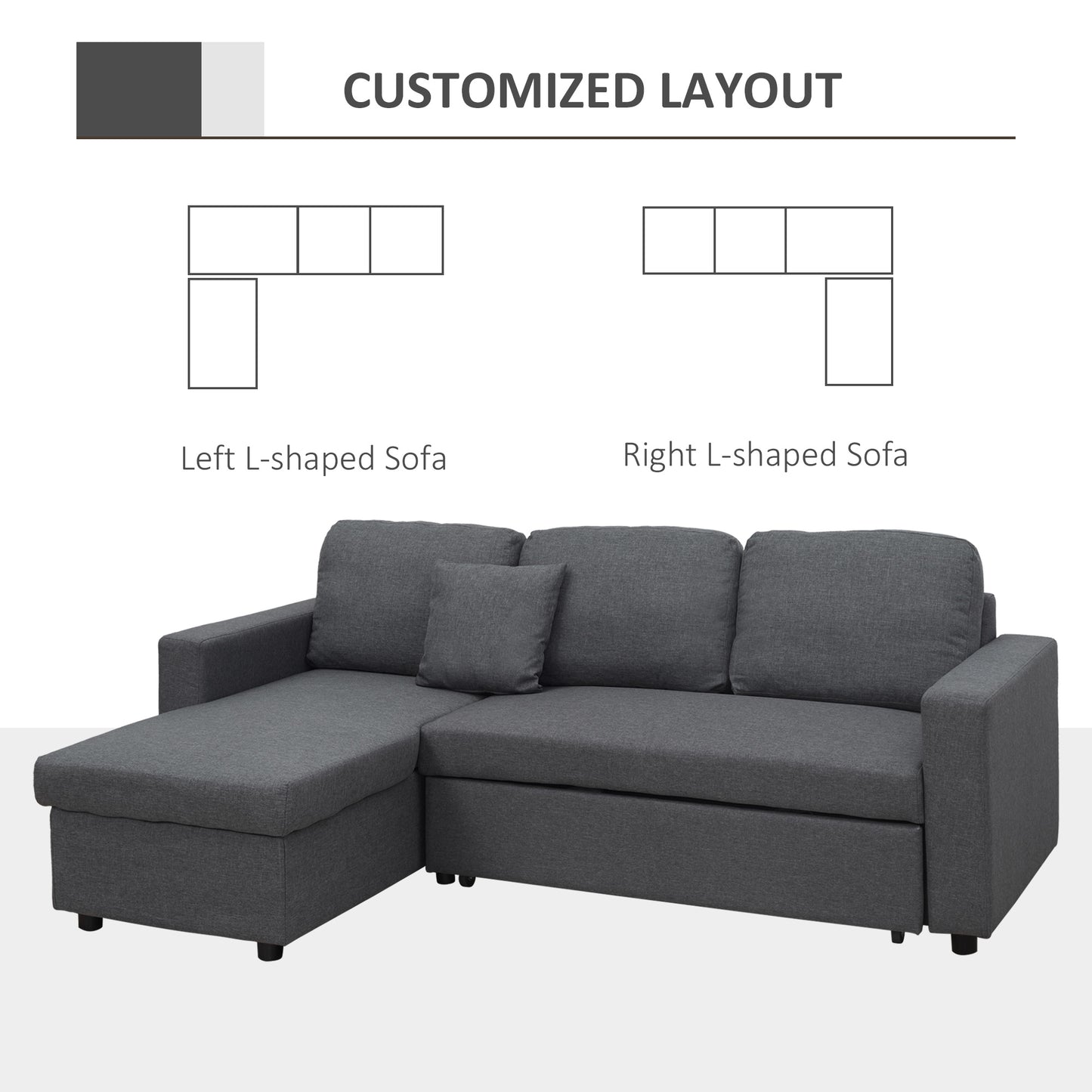 Corner Sofa Bed with Storage, 3 Seater Pull Out Sofa Bed, Convertible L Shape Sofa Couch W/ Reversible Chaise Lounge for Living Room, Dark Grey