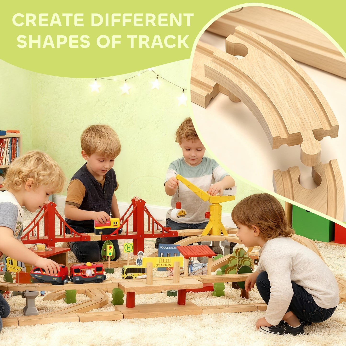 AIYAPLAY 133-Piece Wooden Train Set, Toy Train with Crane, Storage Box, for Kids Ages 3+