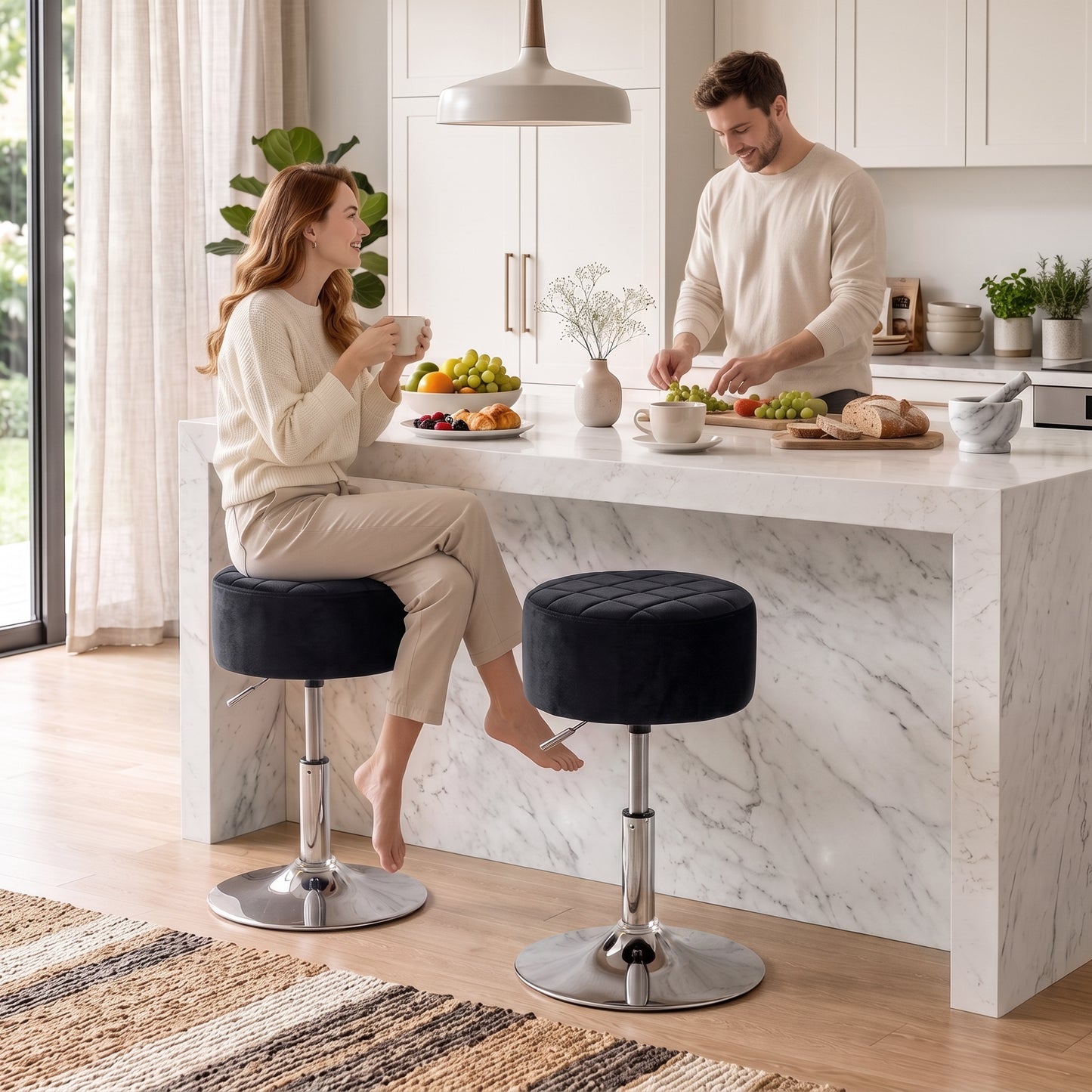 Adjustable Swivel Bar Stool | Velvet-Feel Seat | 17cm Cushion | Gas Lift 51–66cm | 360° Swivel | 120kg | Black / Grey