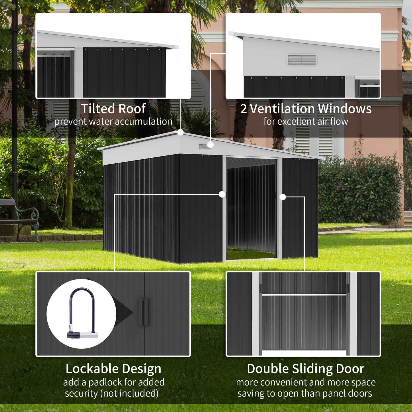 Outsunny 3.3 x 2.68m Corrugated Metal Outdoor Garden Storage Shed - Black