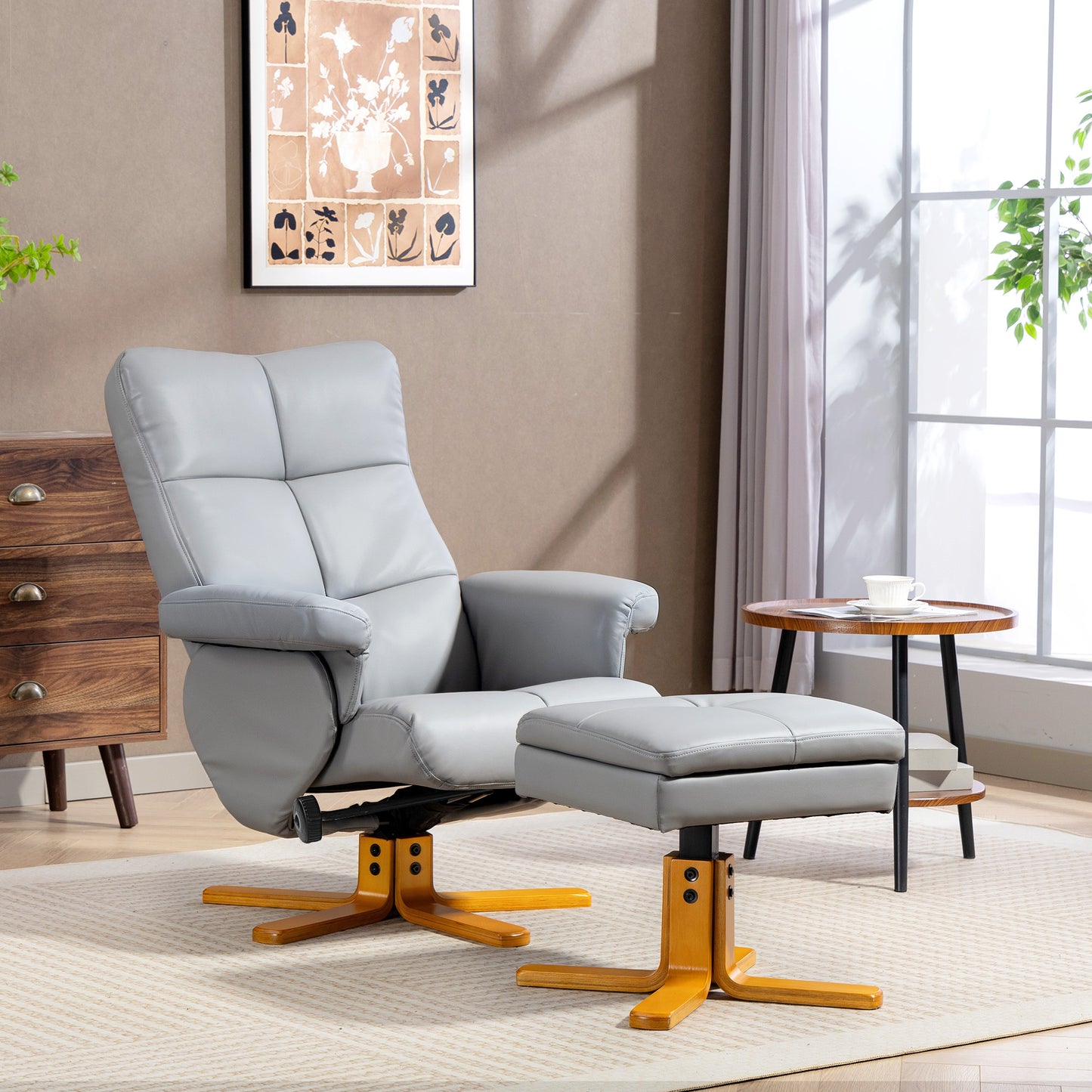 PU Leather Swivel Recliner Chair with Footstool, Wooden Base and Storage for Living Room, Light Grey