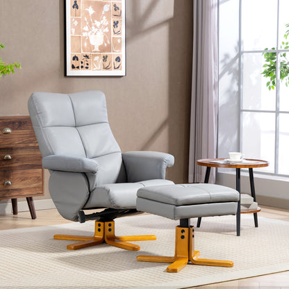 PU Leather Swivel Recliner Chair with Footstool, Wooden Base and Storage for Living Room, Light Grey