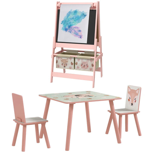 Kids Table and Chair Set And Kids Easel With Paper Roll, Storage Baskets, Kids Activity Furniture Set