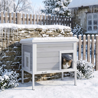 Insulated Outdoor Cat House with Removable Liner | Waterproof Asphalt Roof | 21cm Raised Base | Escape Door | Opening Roof | PVC Door Curtain | Fir Wood | For Cats Up To 6kg | 68x50x65cm | Dark Grey