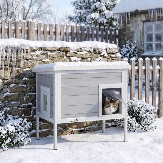 Insulated Outdoor Cat House with Removable Liner | Waterproof Asphalt Roof | 21cm Raised Base | Escape Door | Opening Roof | PVC Door Curtain | Fir Wood | For Cats Up To 6kg | 68x50x65cm | Dark Grey