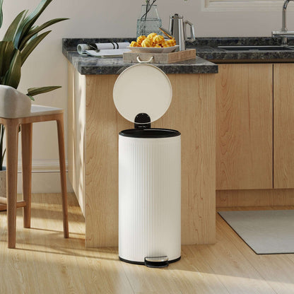 30L Kitchen Pedal Bin | Soft-Close Lid | Removable Inner Bucket | Lid Stay-Open | Fingerprint-Proof | Vertical Striped Metal & PP | Fully Assembled | 36x30x60.5cm | Cream
