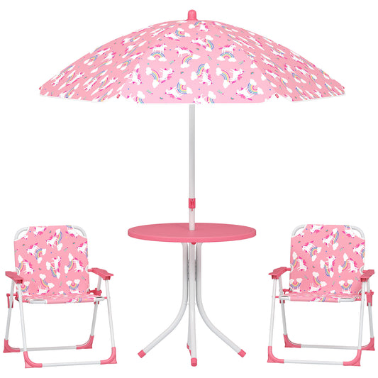 AIYAPLAY Kids Patio Table and Chair Set, Kids Garden Furniture with Umbrella, 4-Piece Bistro Set for Garden, Pink