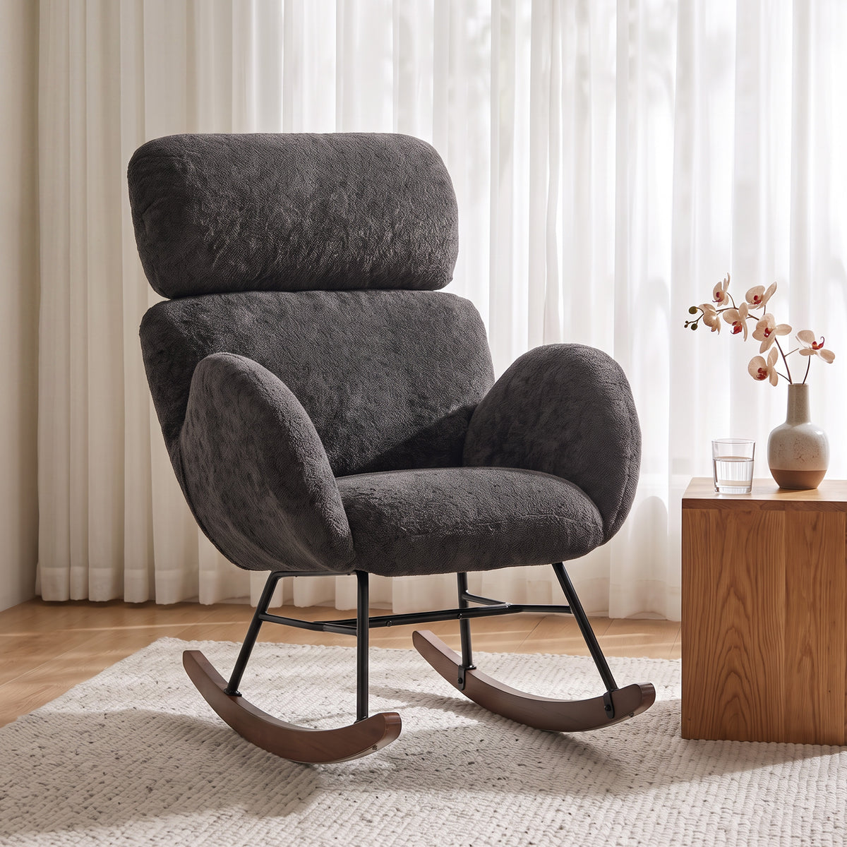 Rocking Chair | Dark Grey Velvet Upholstery with Adjustable 8 cm Headrest, 105° Glide & High-Density Foam | Walnut Base | 120 kg