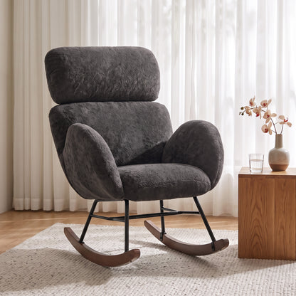 Rocking Chair | Dark Grey Velvet Upholstery with Adjustable 8 cm Headrest, 105° Glide & High-Density Foam | Walnut Base | 120 kg
