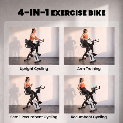 4-in-1 Folding Exercise Bike | Upright & Recumbent | Resistance Bands | Bluetooth App Compatible | 8-Level Magnetic Resistance | 40dB | LCD Display | Folds to 53.5x48x135cm | 120kg | Grey