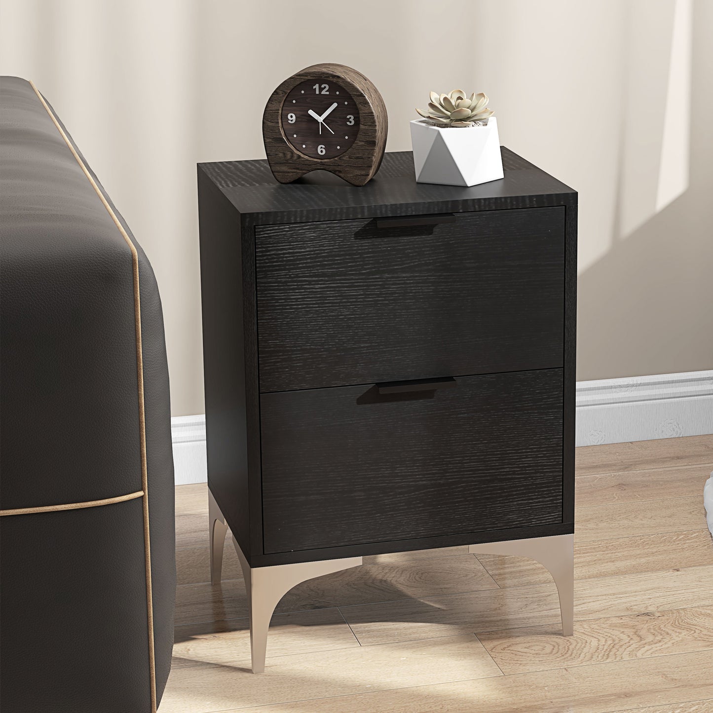 Bedside Tables Set of 2, Modern Nightstand with 2 Drawers, Small Sofa End Tables with Storage and Steel Legs for Bedroom, Living Room, Black