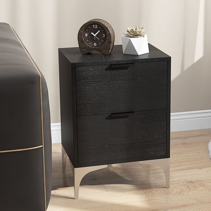 Bedside Tables Set of 2, Modern Nightstand with 2 Drawers, Small Sofa End Tables with Storage and Steel Legs for Bedroom, Living Room, Black