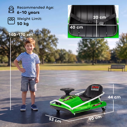 Kids Electric Go Kart | 24V 300W Brushless Motor | Drift Mode | Soft Start | Dual Speed | Ages 6-10 | Green / Yellow / Red