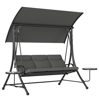 Outsunny 3 Seater Garden Swing Chair with Adjustable Canopy, Cushion and Coffee Tables for Outdoor Dark Grey