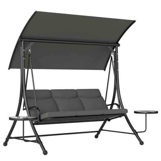 Outsunny 3 Seater Garden Swing Chair with Adjustable Canopy, Cushion and Coffee Tables for Outdoor Dark Grey