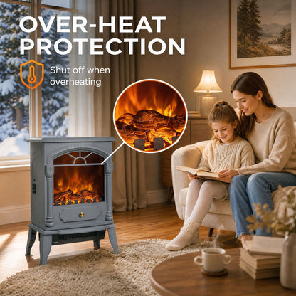 Freestanding Electric Fireplace Heater | 3D Flame Effect | 1000W/2000W | Adjustable Thermostat | Grey & White