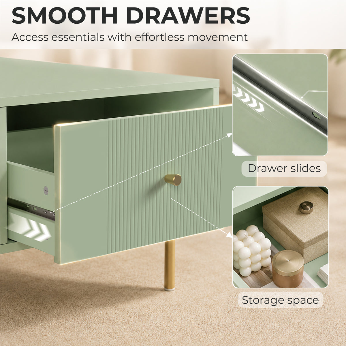 Modern Coffee Table with 2 Drawers | Light Green & Gold Tone | Particleboard Metal Legs | 100x50x43cm | 30kg | Melamine Surface | Metal Slide Runners | Living Room Bedroom